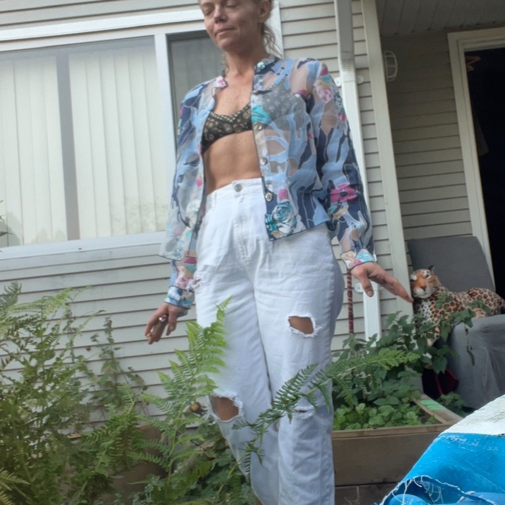 Vintage Cynthia Max Relax Floral Blue Sheer Button-Down Shirt